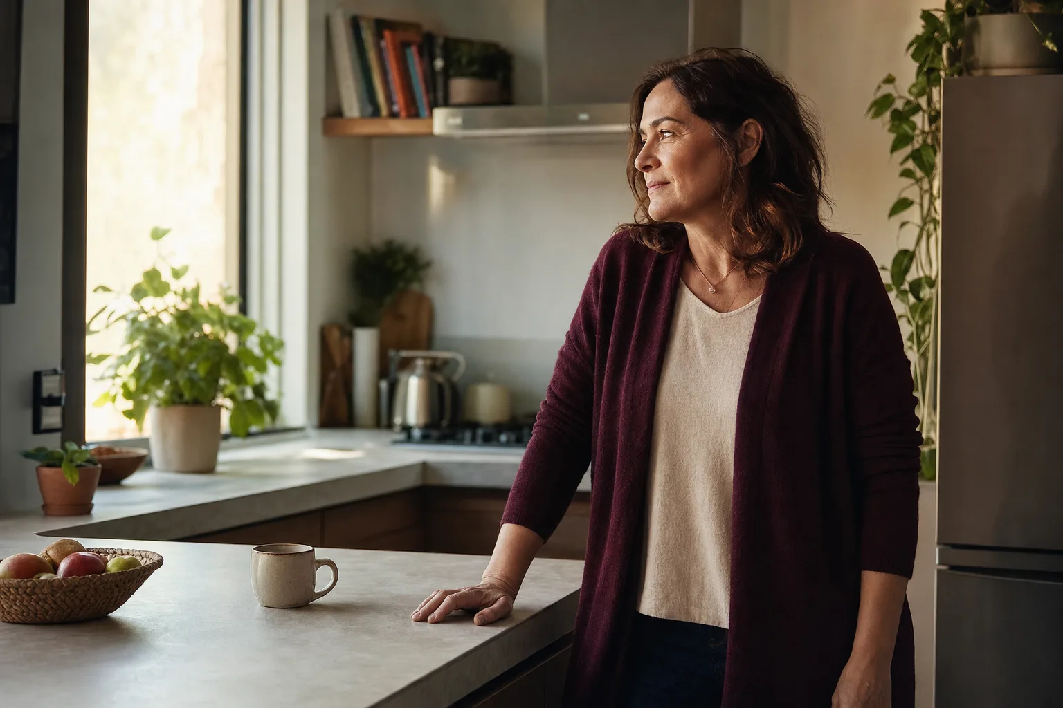 Mulher adulta em uma cozinha no fim da tarde, em uma pausa reflexiva diante da bancada, representando a percepção do retorno da fome.