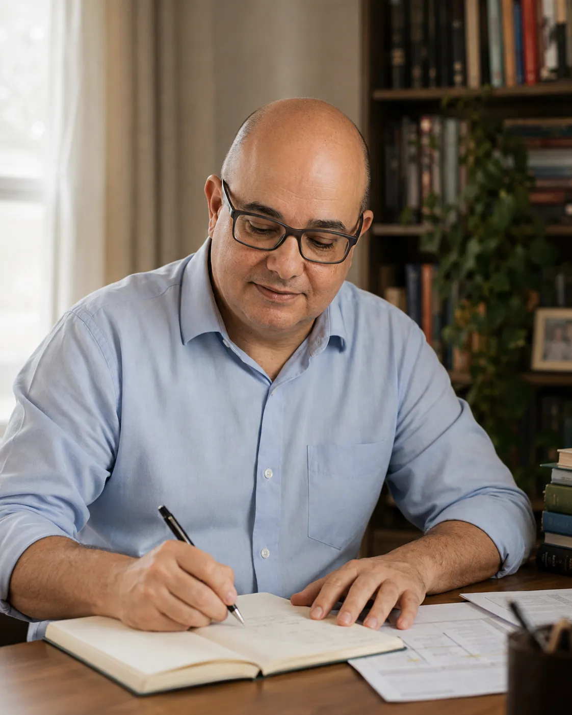 Marcos pesquisando com caderno